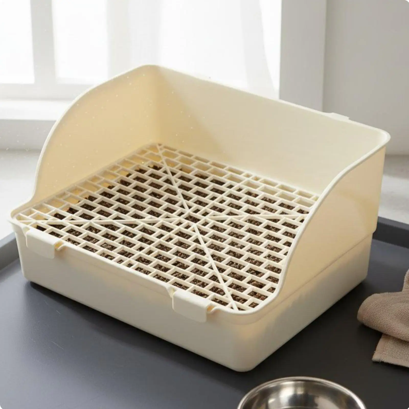 Extra Large Rabbit Waste Pan for Cage with Splatter Guard Anti Tip Plastic Toilet for Guinea Pig Floor Use