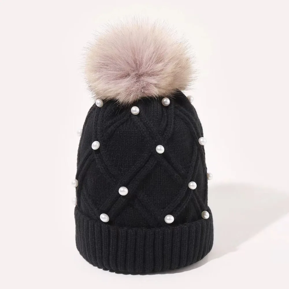 Cute with Diamond Knitted Hat Thick Flannel Warm Large Woolen Ball Women's Hat Folded Edge Solid Color Wool Hat Outdoor