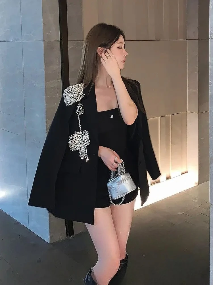 

2026 New Notched Collar Tops Mujer Blazers Vintage Black Diamond Flower Mid-length Coat Women Y2k Long Sleeve Loose Jackets