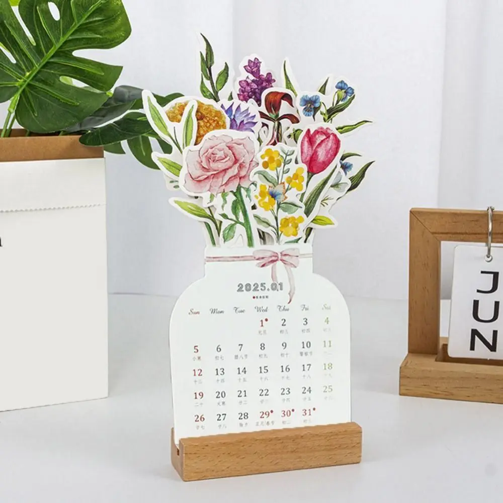 

With Base 2025 Desktop Calendar Card Insert Design Paper Craft Floral Desk Calendar Traditional Snake Year Wooden Calendar
