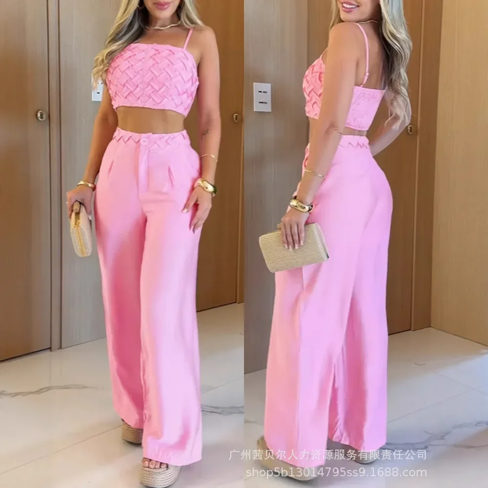 Textured Spaghetti Strap Women 2 Pieces Outfit Weaving Crop Top and Casual Wide Leg Pants Set