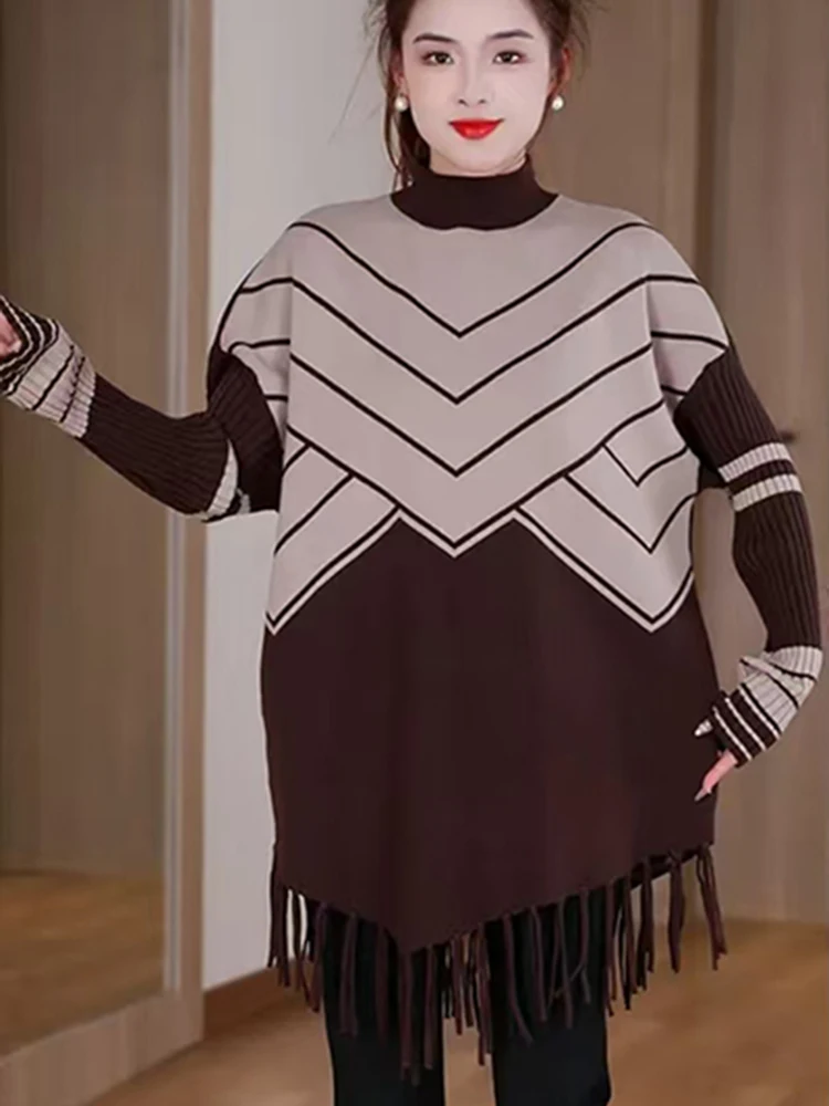 

Women's Loose Knitted Sweater f High Collar Tassel Trim Color Blo Base Layer Lazy Sle Winter New Arrival Knitwear