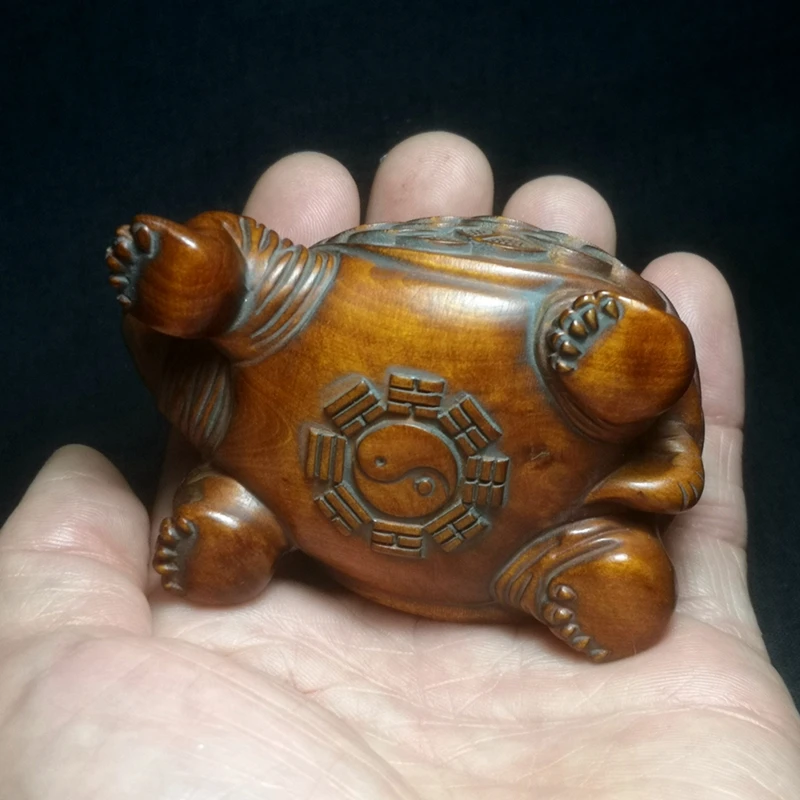 YIZHU CULTUER ART Size 3 Inch Chinese Hand Carved Boxwood Wood Coin Turtle Figure Statue Decoration Netsuke old collectable