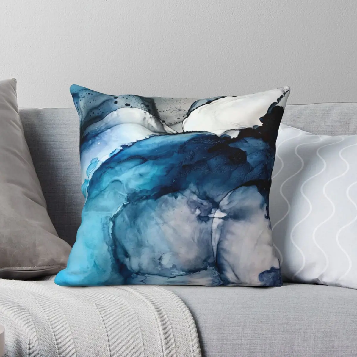 White Sand Blue Sea Alcohol Ink Square Pillowcase Polyester Linen Velvet Pattern Zip Decorative Pillow Case Sofa Cushion Cover