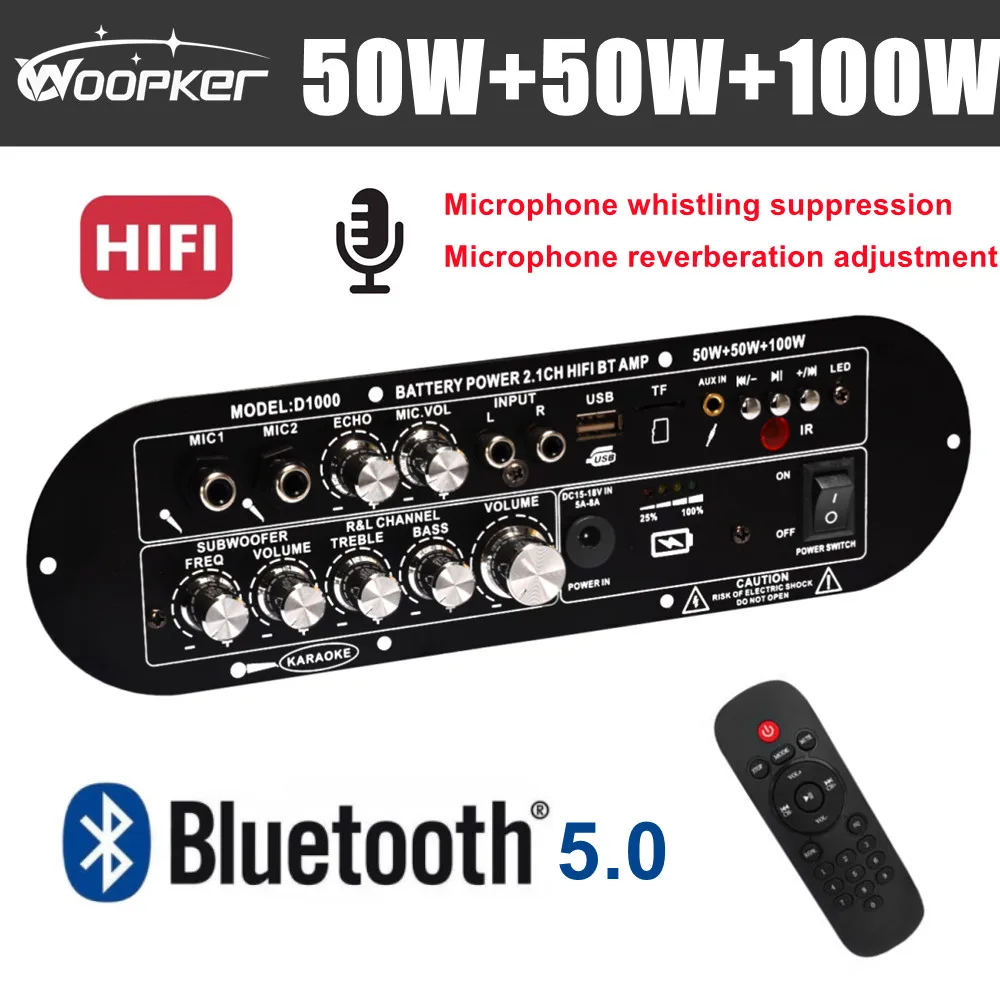 

Woopker HIFI Bluetooth Rechargeable Audio Amplifier Board 2.1 Channel 50Wx2+100W Support Microphone Whistle Suppression Function