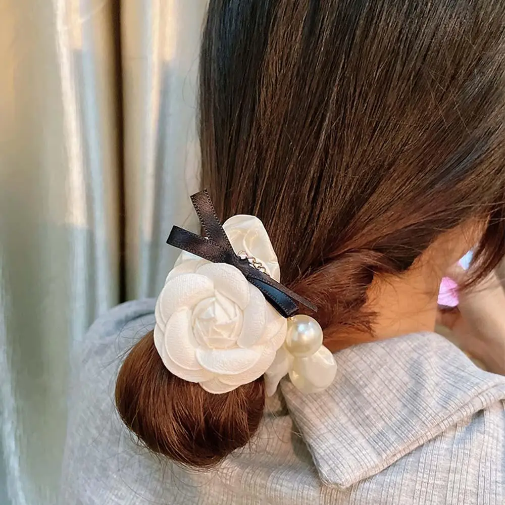 

Korean Temperament Headwear Pearl Women Cloth Camellia Scrunchies Hair Bands Elastic Hair Rope Hair Circle