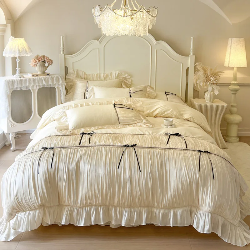 

100% Cotton French Princess Pleated Lace Ruffles Bow Bedding Set Duvet Cover Bed Sheet/Fitted Sheet/Bed Skirt Pillowcases 4Pcs