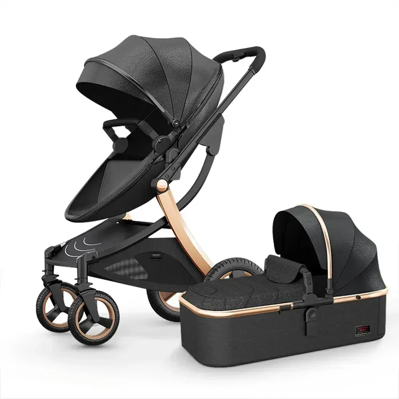 High Quality 3 in 1 Luxury PU Leather Baby Push Chair Aluminium Frame Egg Shell Baby Stroller with Big Wheels