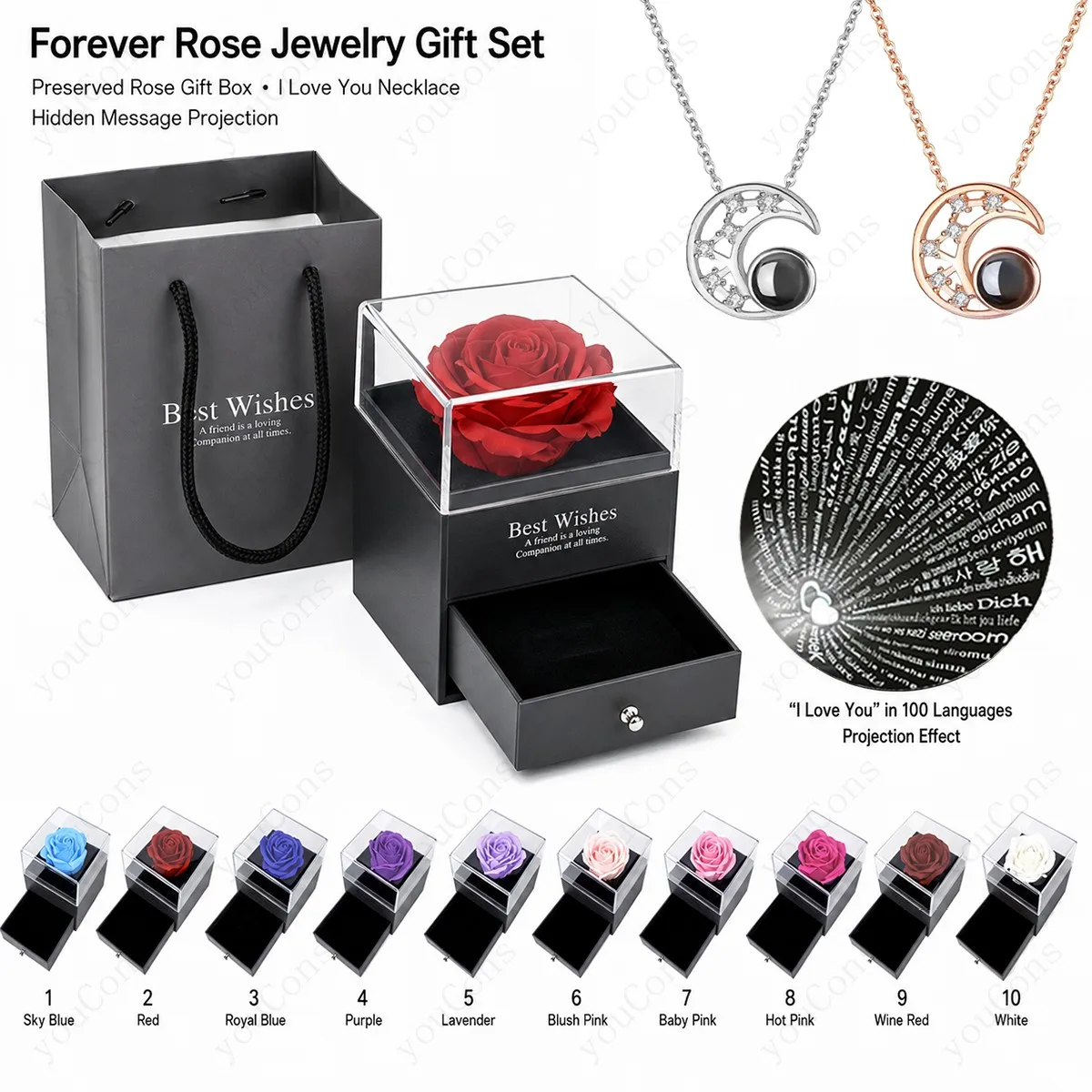 100 Languages I Love You Projection Necklace Moon Pendant With Multi Color Rose Gift Box Valentine's Mother's Day For Women New