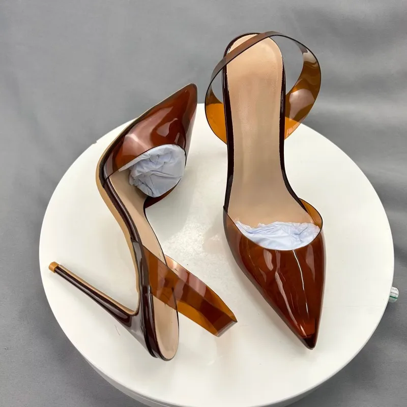 Tikicup Brown Summer Women Sexy Transparent Soft PVC Pointy Toe High Heel Slingback Shoes Jelly Stiletto Pumps 12cm 10cm 8cm