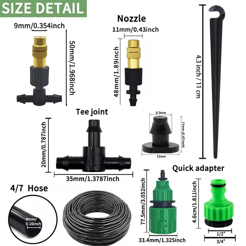 5M-20M Outdoor Misting Cooling System Garden Irrigation Watering 1/4'' Brass Atomizer Nozzles 4/7mm Hose for Patio Greenhouse