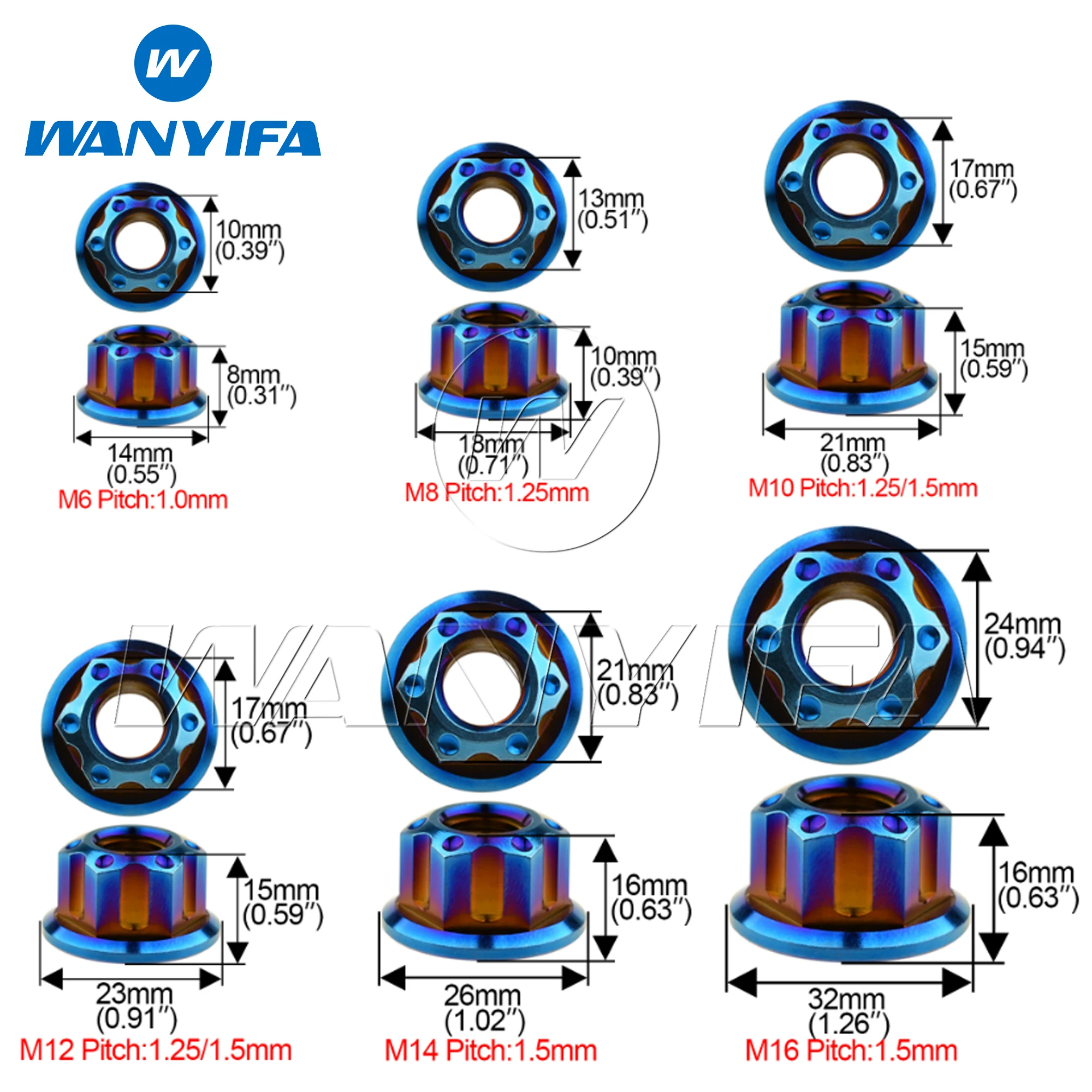 Wanyifa Titanium Nut M6 M8 M10 M12 M14 M16 Fancy Hex Hexagon Flange Nuts for Bike Motorcycle Rear Axle Titanium Fasteners