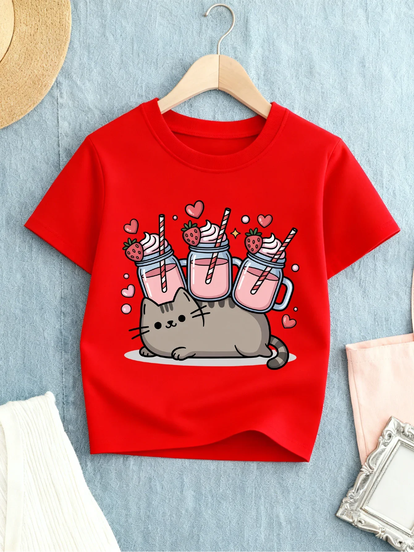 Children Red Casual T Shirt Lovely Cat Strawberry Milk Bottle Heart Pattern Print Short Sleeve Kid Cute Animal Trendy Summer Top