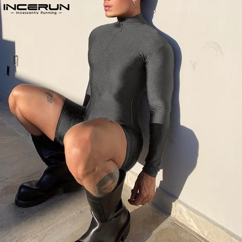 INCERUN Men Rompers Solid Turtleneck Streetwear Long Sleeve Zipper Skinny Shorts Casual Men Jumpsuits 2023 Sexy Overalls S-5XL