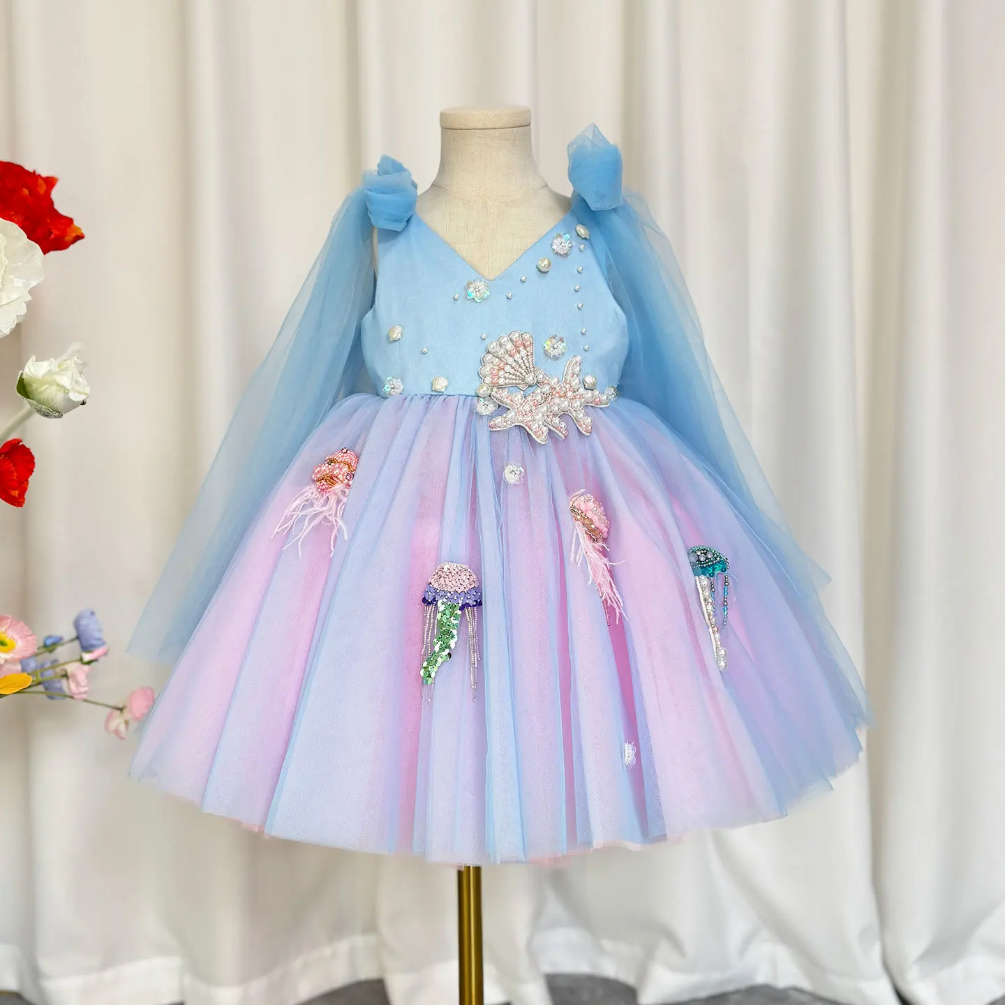 Jill Wish J072 Luxury Blue Toddler Girl Dress Jellyfish V-Neck Knee Length for Kids Wedding 1st Birthday Holiday Party Gown