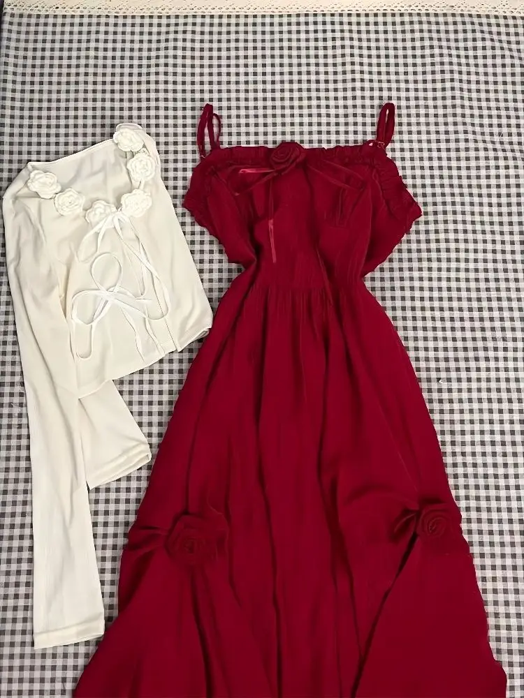 Elegant Holiady Dress Set Woman Casual Y2k Crop Tops + Red Sexy Sleeveless Midi Dress Vacation Style Korean Fashion 2 Piece Set