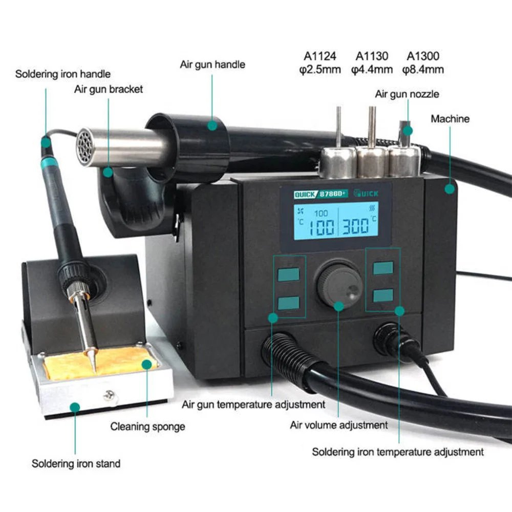 Original QUICK 8786D+ Soldering Station 2 IN 1 Heat Gun Rework Station Professional Welding Station Repair SMD PCB Tools