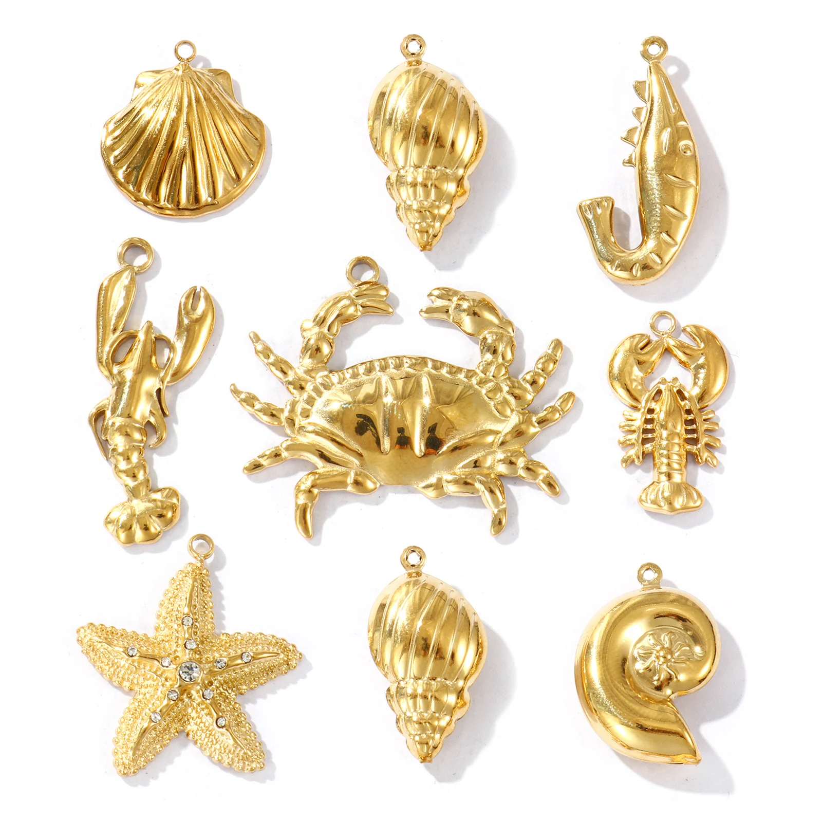 2 Pcs Ocean Charms 304 Stainless Steel Marine Life Shell Conch Shrimp Crab Starfish 18K Gold Plated Pendant DIY Necklace Making