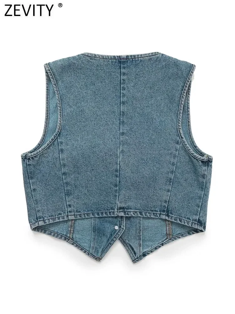 Zevity New Women Euro V Neck Sleeveless Short Denim Vest Jacket Ladies Retro Single Breasted Cardigan WaistCoat Crop Tops CT6262