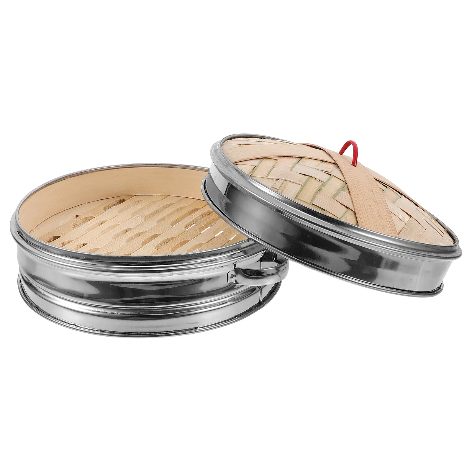 

1 set 1Set 22cm Double Ear Bamboo Steamer Stainless Steel Edged with Lid for Buns Dim Sum Dumplings Kitchen