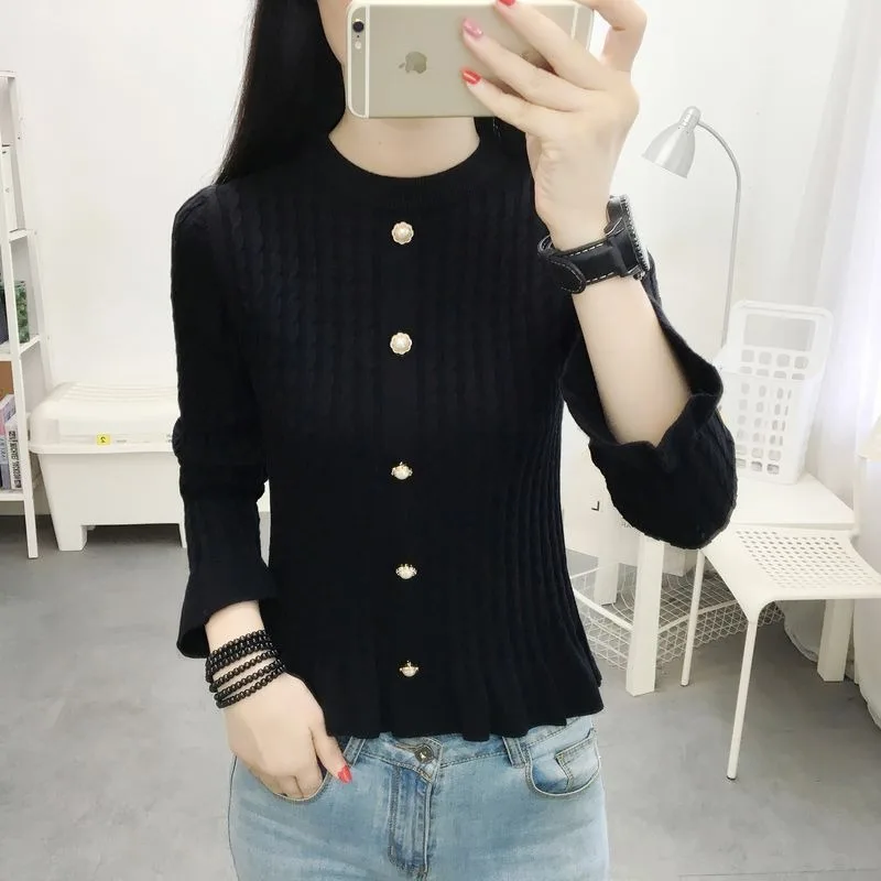 

Women's New Style of Fungus-edged Knitted Bottoming 2025 Autumn and Winter New Slim-fitting Long-sleeved Short Top