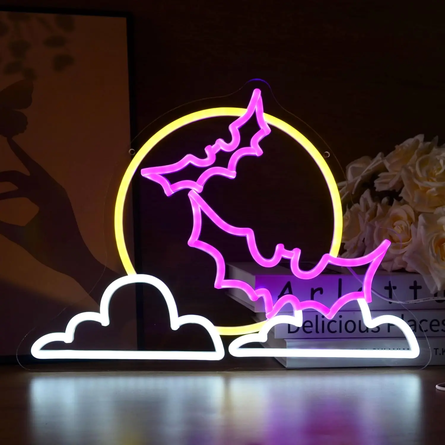 Bat Moon Cloud Neon Sign LED Neon Light USB Powered Wall Hanging Lamp Halloween Home Bedroom Window Holiday Party Decor Gift