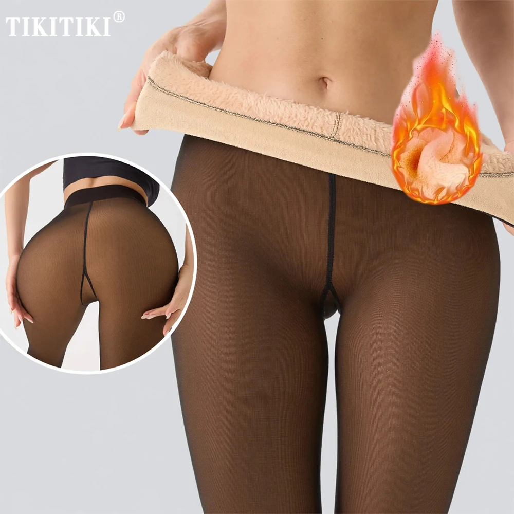 One Seam Thermal Fleece Lined Tights Warm Sheer Pantyhose Fake Translucent Thermal Thick Tights Leggings For Cold Weather
