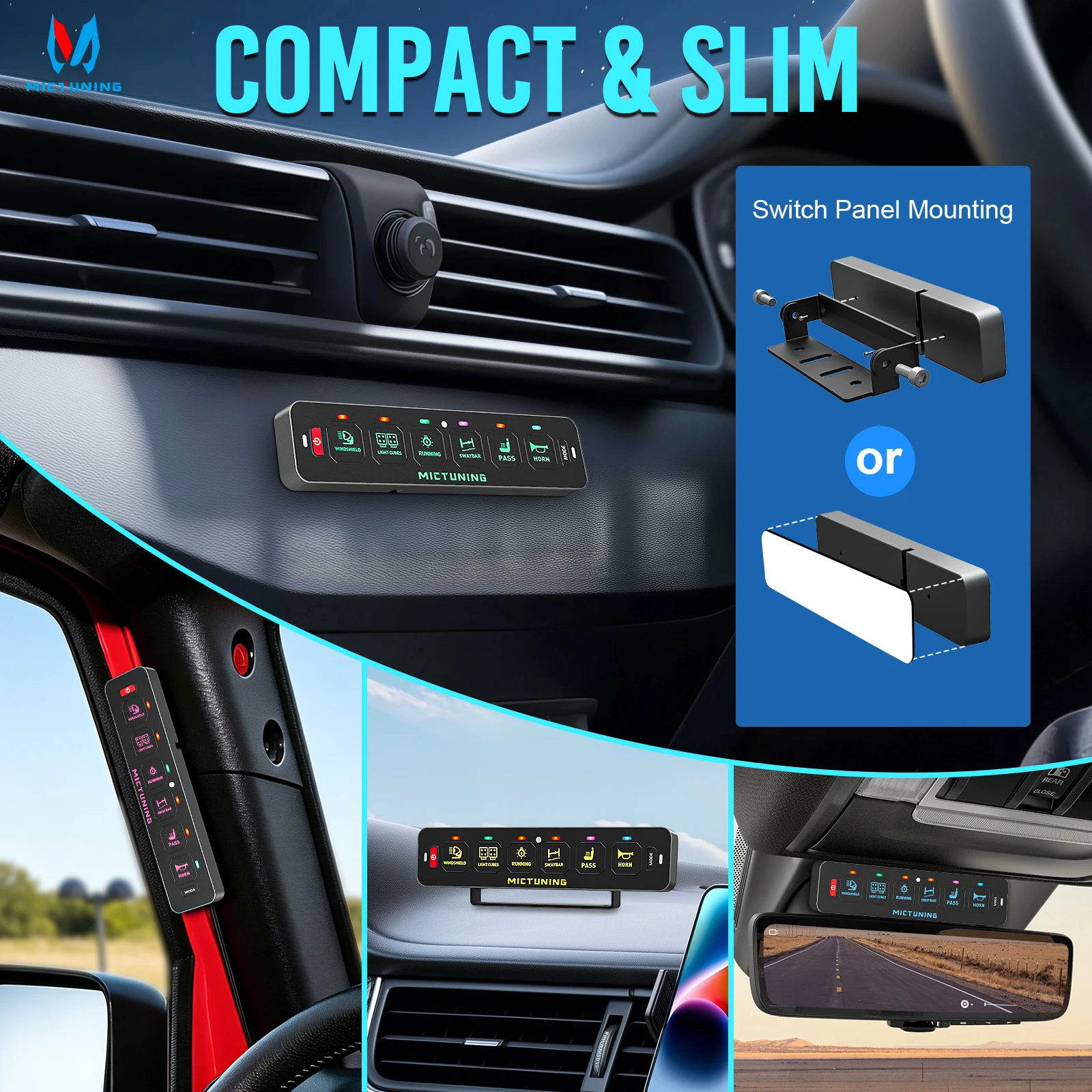 MICTUNING Horizontal MS-A 6Way Switch Panel: Supports App Control, Ultra-slim Design, RGB Auto-Dimming Backlight for Car SUV ATV