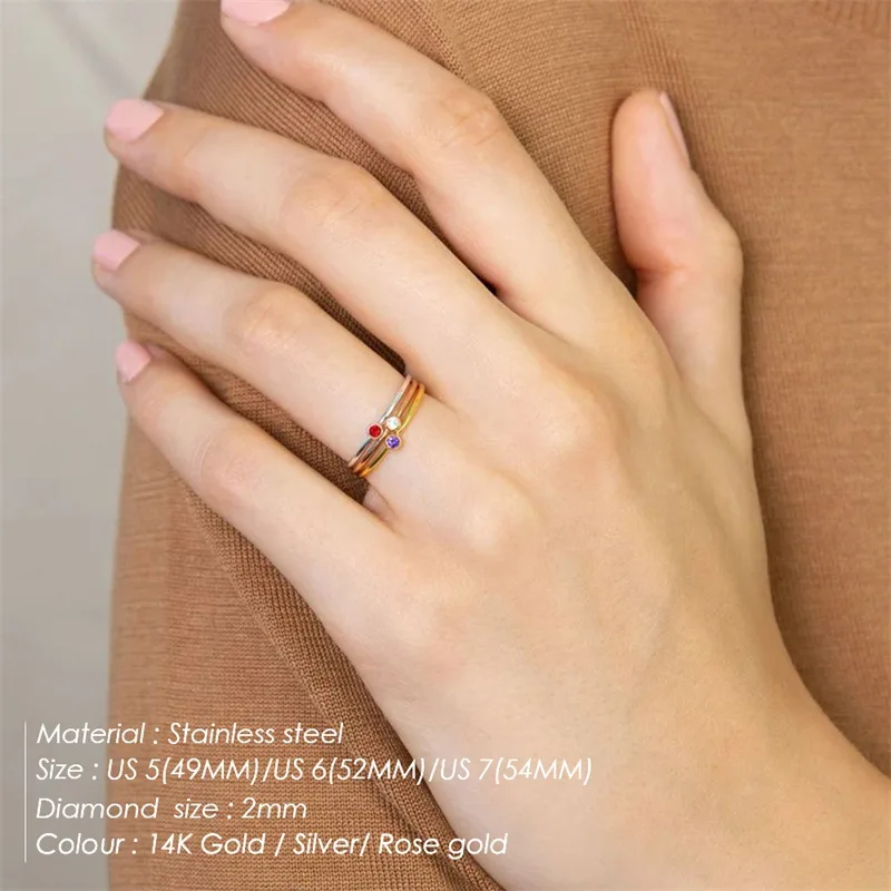 DOREMI Tiny Thin Stainless Steel Ring Birthstone Rhinestone Finger Ring for Women 12 Months Birthstone Ring Dainty Jewelry