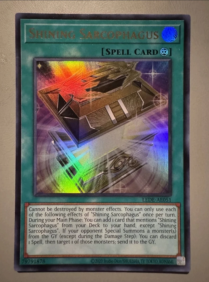 Yugioh KONAMI Duel Monster LEDE-AE051 bersinar Sarcophagus Ultra langka koleksi Bahasa Inggris Asia Kartu Mint