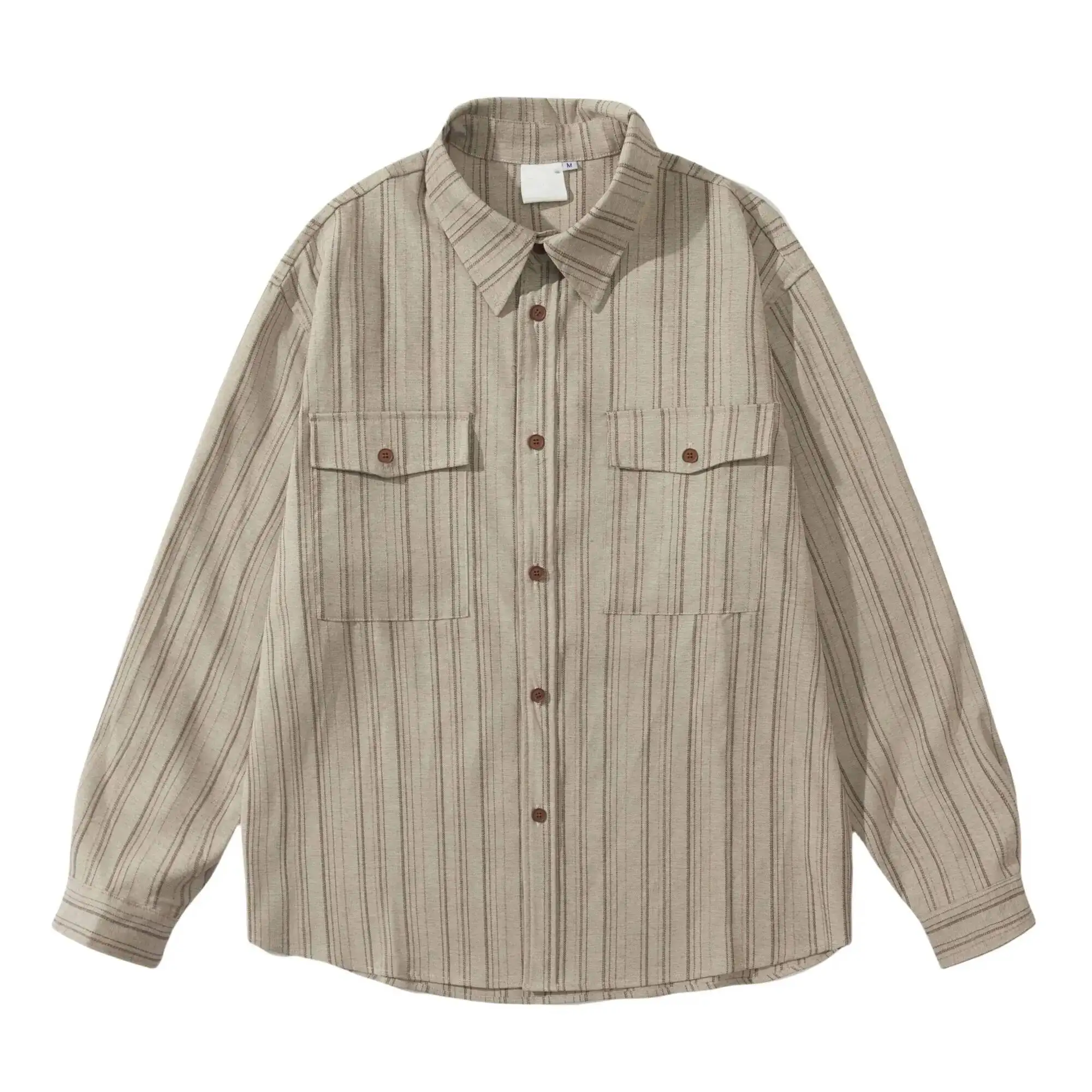 Autumn Japanese Style Set Retro Vertical Stripe Long Sleeve Shirt  Unisex College Style Loose Casual Layering Blouse