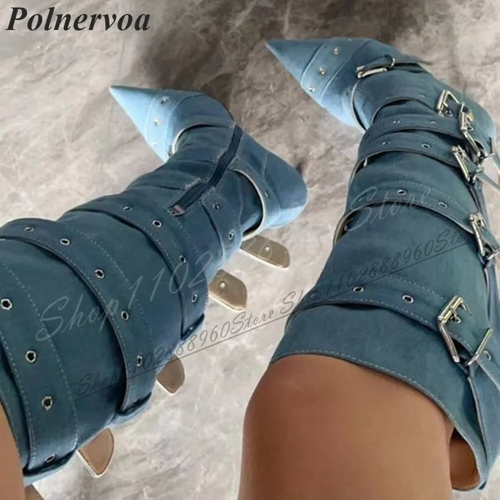 

Knee High Light Blue Buckle Strip Knight Boots Thin High Heel Shoes For Women Side Zipper Pointed Toe Casual Party Women Boots