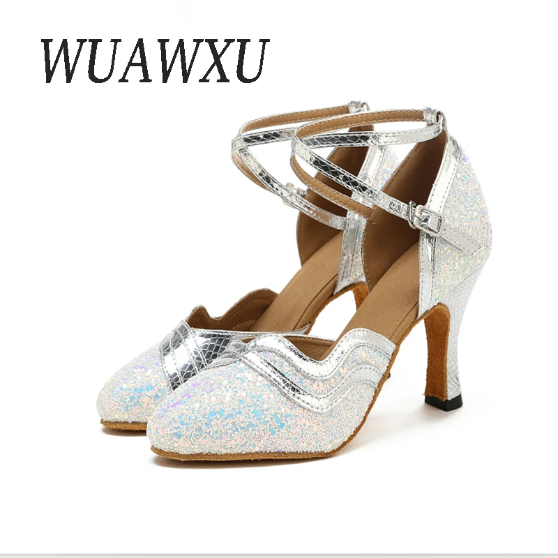 NATASHA2023 Sequins Latin Dance Shoes Adult Women\'s Modern Dance Shoes Medium High Heel Soft Sole National Standard Dance Shoes