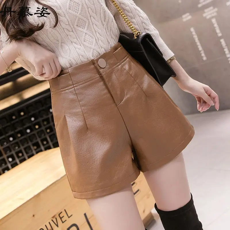 

2023 New Women Spring Autumn New PU Leather Shorts Female Casual Wide Leg Short Pants Ladies Solid Color Loose Shorts U539