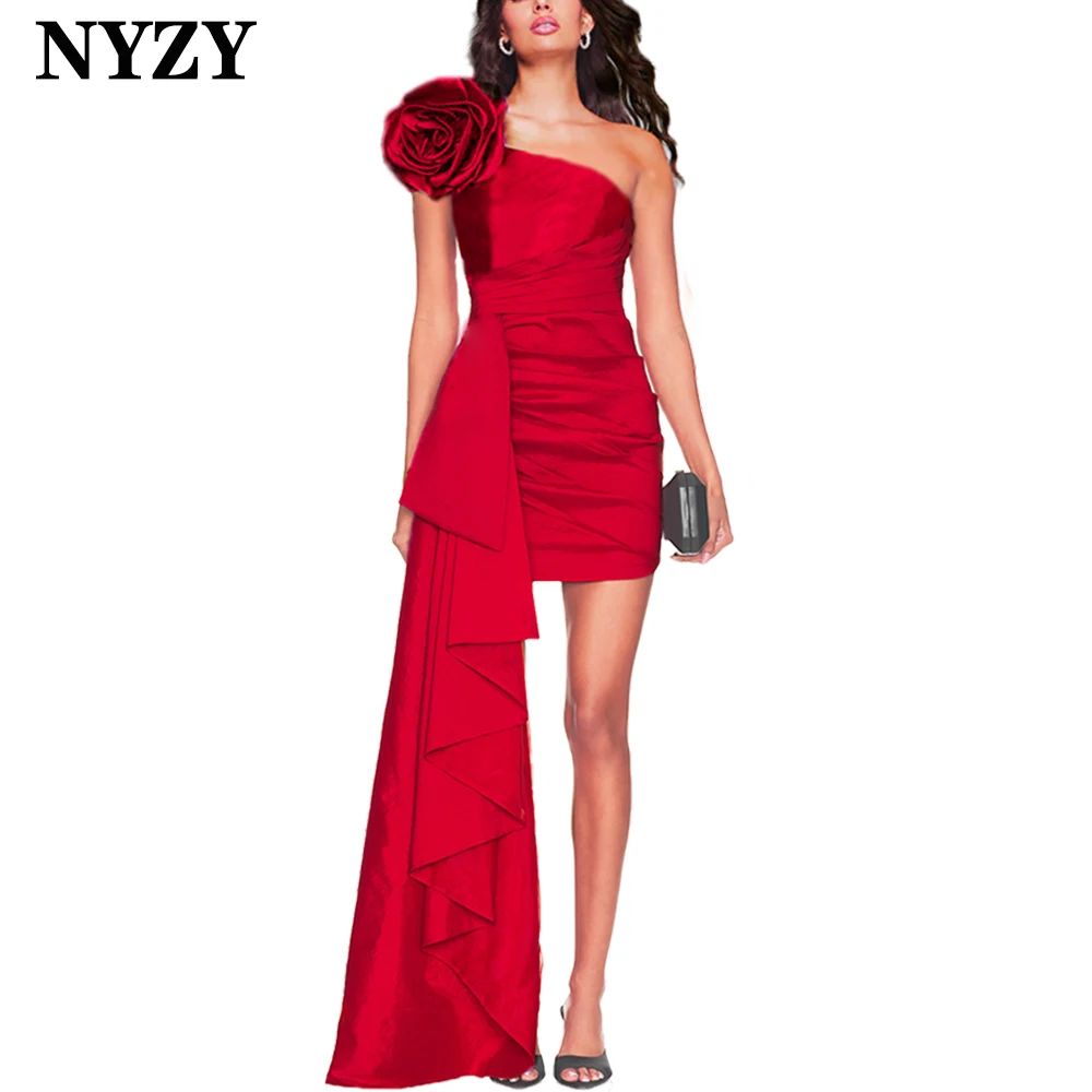 NYZY P168 Customized 2025 Party Birthday Cocktail Occasion Dresses Taffeta One Shoulder 3D Flower Short Prom Gowns Red