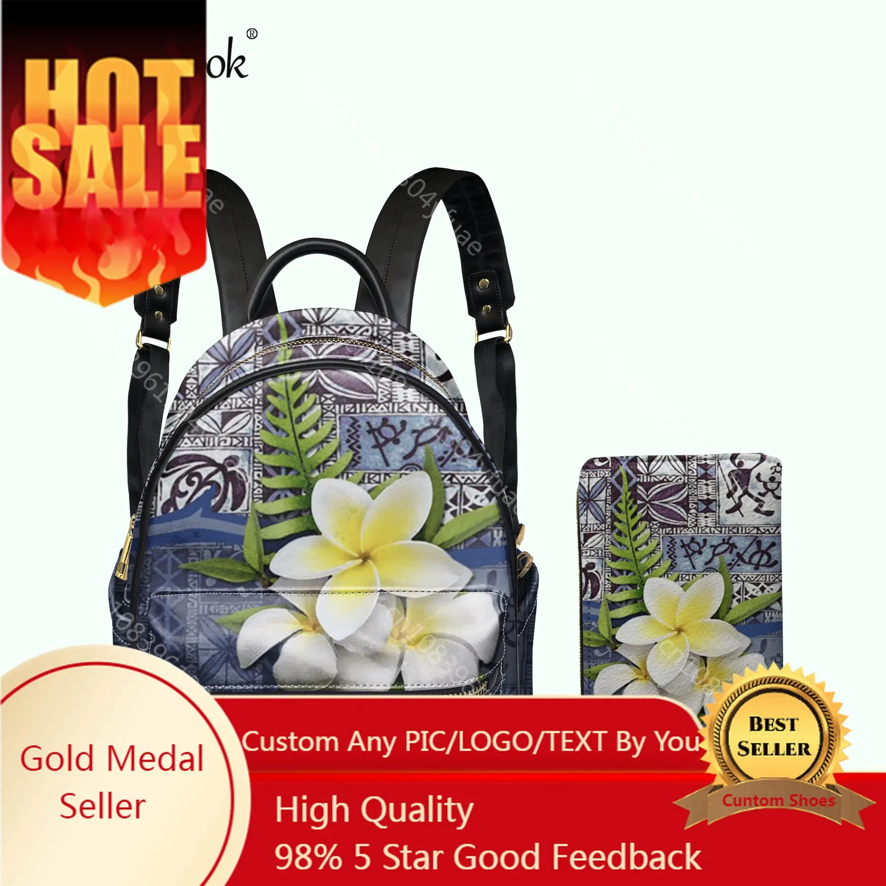 Hawaiian Samoan Polynesian Foral Print Women PU Mini Backpack Clutch Wallet 2pcs/Set Girls Small Campus Schoolbag