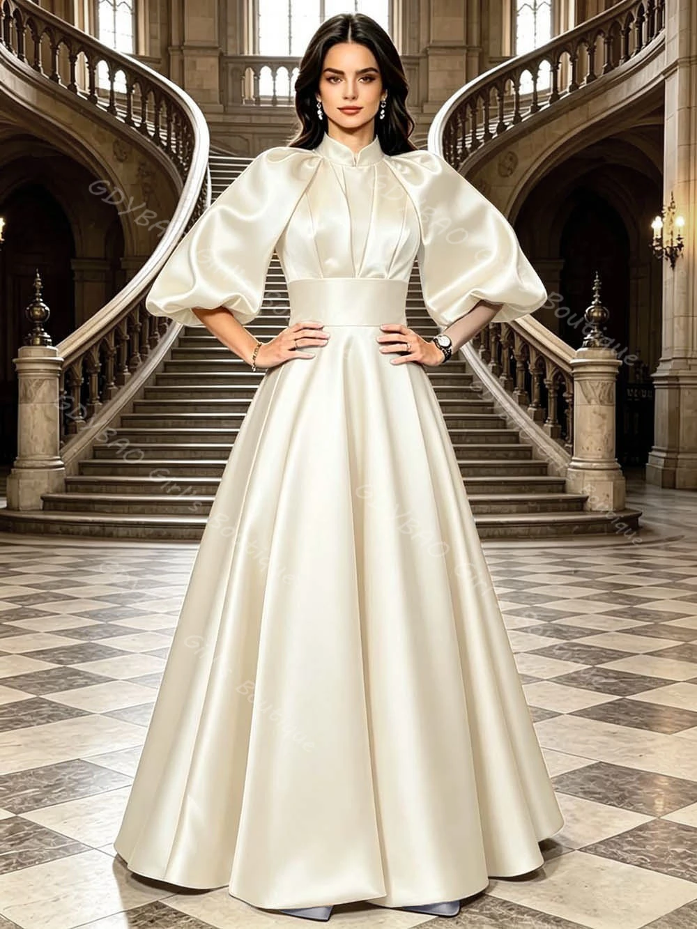 Vestido de dama de honor plisado de satén para mujer, vestido de noche vintage con cuello alto y manga globo, corte en A, para comunión, fiesta, noche, personalizado
