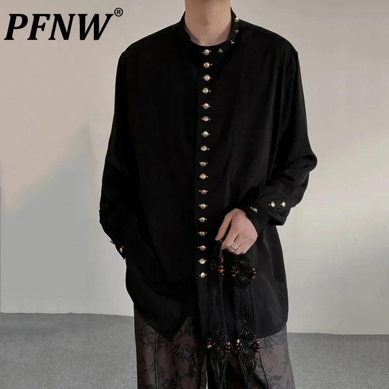 

PFNW Niche Design Men's Shirts Chic Button Single Breasted Solid Color Stand Collar Long Sleeve Trendy New Male Tops 2024 12C832