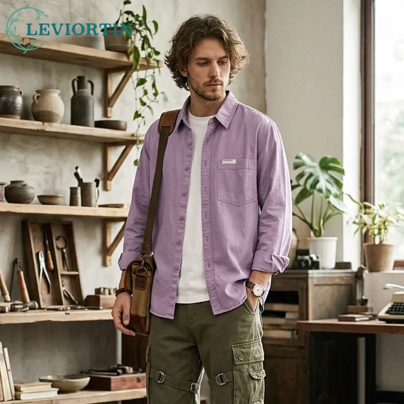 

Men's Japanese style fresh pure cotton long sleeved shirt, youth fashion versatile artistic pocket decoration, casual loose top