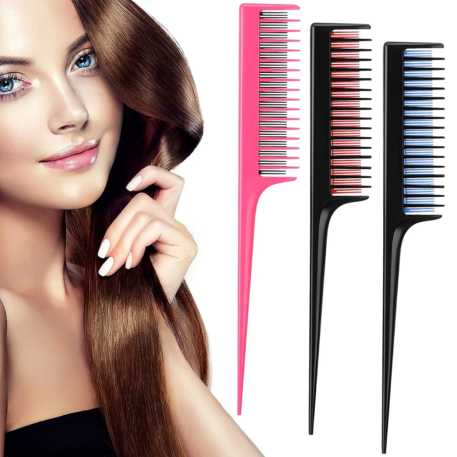 Portable Hair Comb Brush 3-Row Teeth Teasing Comb Rat Tail Combs for Women Plastic Detangling Brush Colorful Hairdressing Comb