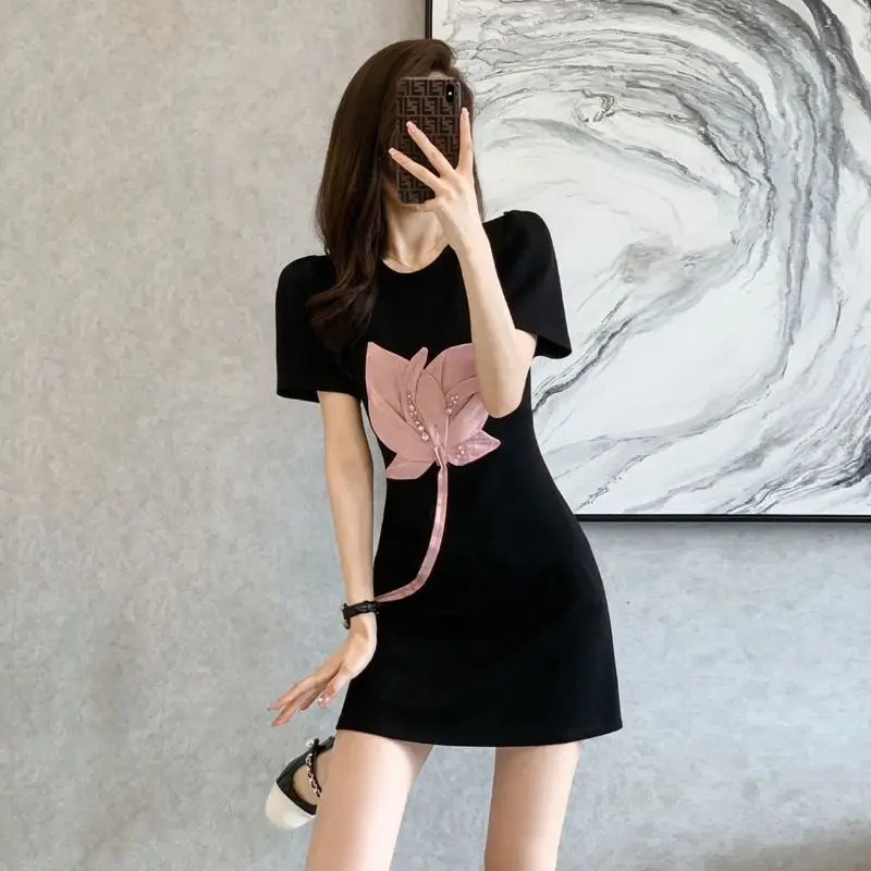 Female Tulip Dress Female 2023 Summer Round Neck Loose T-shirt Dress Dress Female Age Reducing Short Sleeve Dress Female Tops