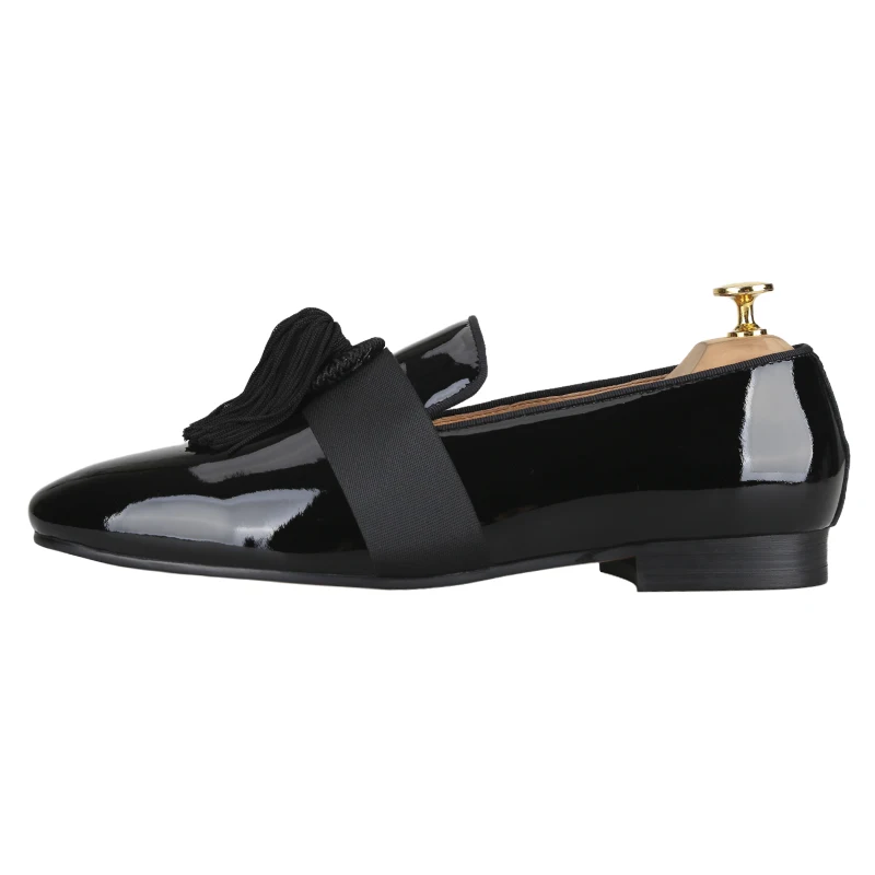 Piergitar Summer Style Black Patent Leather Men's Loafers With Fringed Embellishments For Party Wear Breathable Leather Insoles