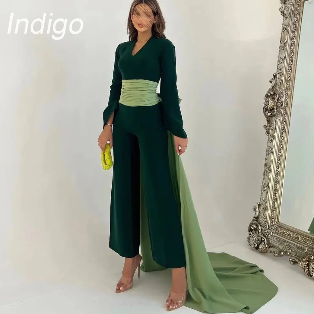 

Indigo Evening Dresses V Neck Full Sleeves Sweep Train Formal Occassion Party Jumpsuit For Women 2024 Abendkleider Damen