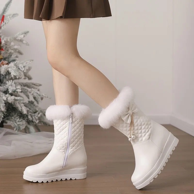 Fashion Women Snow Boots 2023 Winter Booties Height Lncreasing Platform Thick Plush Warm Zip Winter Shoes 34-43 White Pink Black