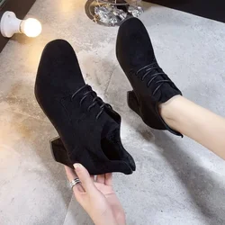 Spring New 2024 Ladies Retro Pumps Classics Flock Lace Up Office Round Toe Block High Heel Shoes Female Black Brown