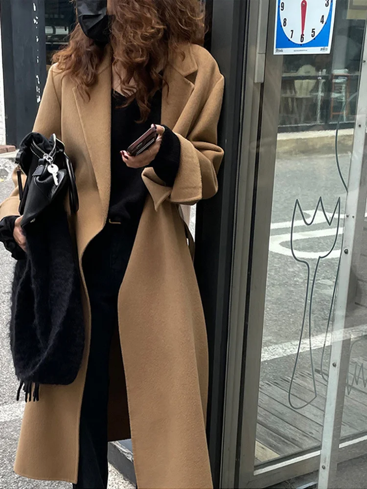 HTBT23 Suit Collar Handsewn Double sided Wool Coat Women's Mid length Large Pocket Camel Temperament Wool Coat