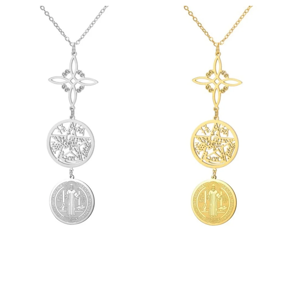 Triple Protection Amulets Necklaces for Women Witch Knot Pentagram Tetragrammaton St. Benedict Stainless Steel Jewerly Gift