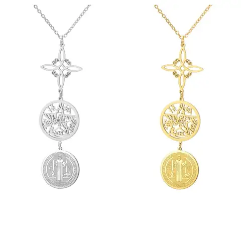 Triple Protection Necklaces for Women Witch Knot Pentagram Tetragrammaton St. Benedict Stainless Steel Spiritual Amulet Jewerly