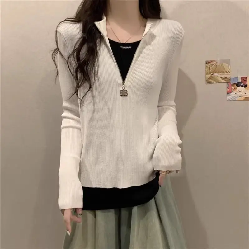 2024 Women\'s Design Half Open Collar Autumn Winter New Splicing Zipper Fashion Solid Color Slim Casual Long Sleeve Knitted Top