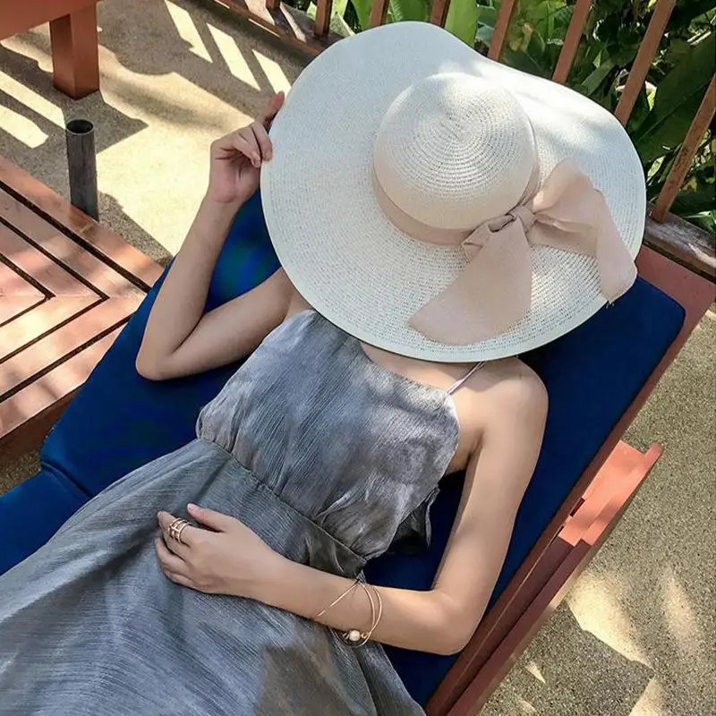 2026 Ladies Oversized Straw Sun Hat Bow Decor Foldable Beach Pool Party Travel Outdoor Summer Cap